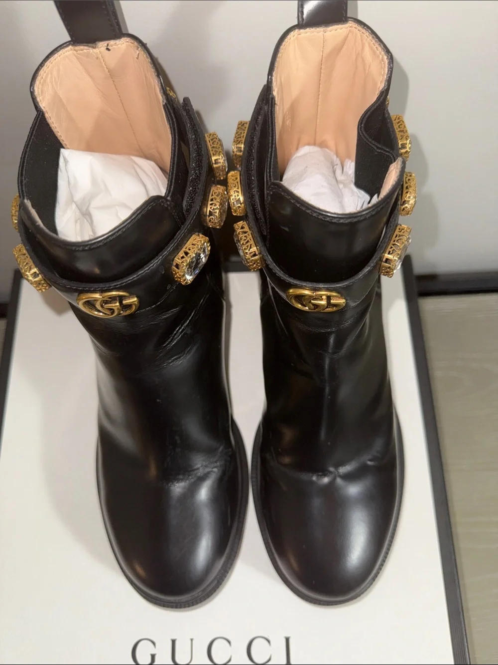 Gucci Black Leather Ankle Boots with Gold GG Logo Strap Vintage BBordeau